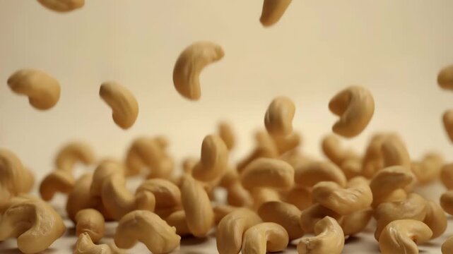 Fallende Cashewkerne &ndash; Zeitlupe, Lebensmittel, Nahaufnahme auf wei&szlig;em Hintergrund