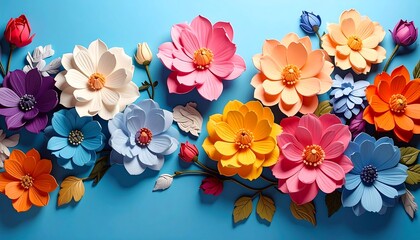 Colorful Paper Flowers Arranged on a Vibrant Blue Background