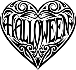Obraz premium Spooky Halloween heart with tribal swirl patterns for t-shirts, posters, invitations, or decorations, celebrating the spirit of All Hallows' Eve