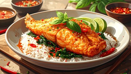 Delicious Asian-Inspired Salmon with Rice and Fresh Garnishes
