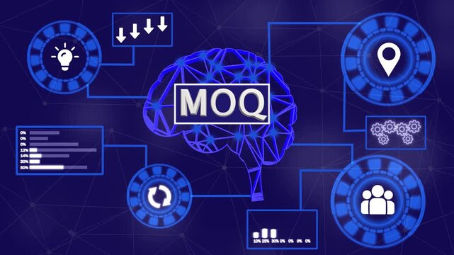 Minimum Order Quantity MOQ concept with interconnected icons on a dark red background business commerce