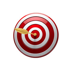 Photo of red and white bullseye target with a golden arrow isolated on transparent background