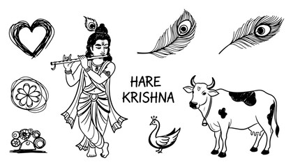 Lord Krishna Elements Set with Flute Peacock Feathers and Cow