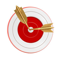 Photo of red and white bullseye target with a golden arrow isolated on transparent background