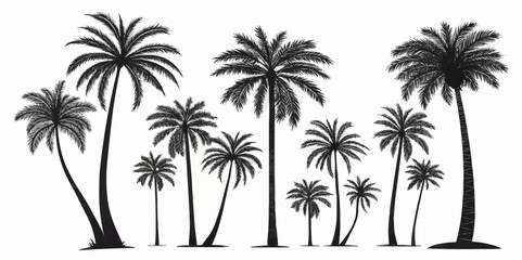 Silhouette depiction of a variety of palm trees of different sizes against a white background scene view
