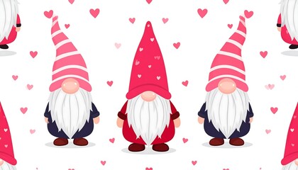 Cute Valentine's Day Gnomes Seamless Pattern with Pink Hearts on White Background
