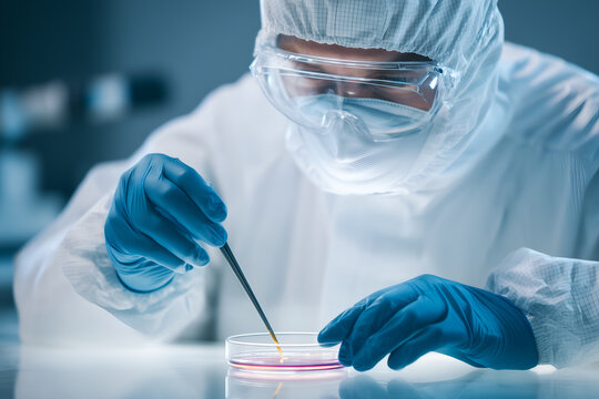 Scientist analyzes a petri dish in a laboratory setting with precision, ensuring data accuracy for life science research.