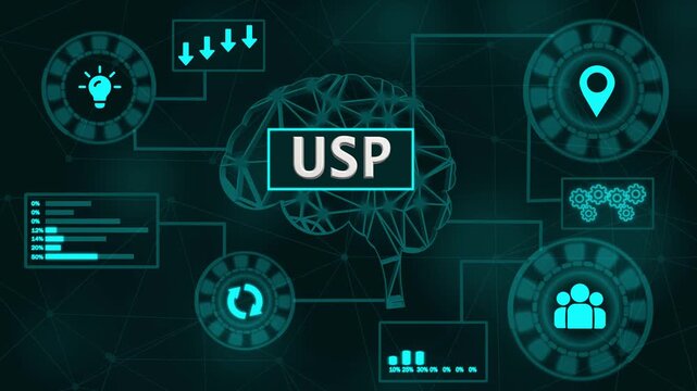 USP unique selling proposition concept with icons for strategy growth and success on black background