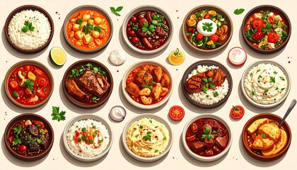Delicious Assortment of Dishes in Bowls with Various Ingredients on a Table