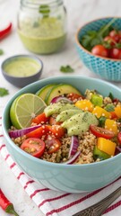 Quinoa Salad A vibrant bowl filled with quinoa, mixed vegetables, and a zesty lime dressing.