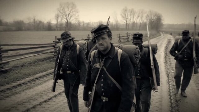 A weary group of historical soldiers marches down a muddy country road.