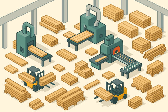 Woodworking planks isometric saw machines vector illustration factory lumber stacks facility moving