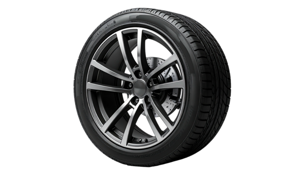 Gray alloy wheel with black tire, 3D rendering