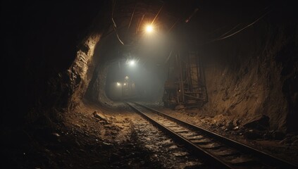 Naklejka premium A dark, gritty tunnel with tracks, illuminated by overhead lights, hinting at mining