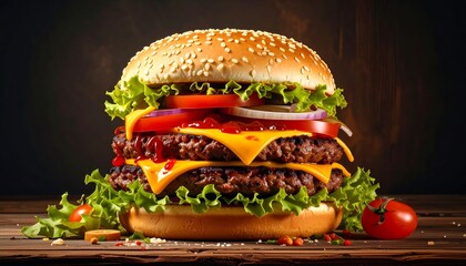 Delicious Double Cheeseburger with Fresh Ingredients on a Rustic Wooden Table