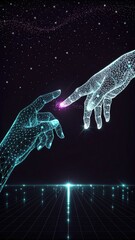 two pixelated futuristic hands reaching toward each other, pixel art style, electronic glitch aesthetic, cybernetic texture, white glowing points forming the 