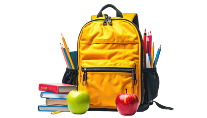 Yellow backpack filled with school supplies and books, including pencils, pens, and an apple