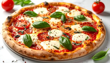 Delicious and appetizing pizza margherita with tomatoes, basil and cheese