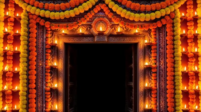 Traditional diwali celebration with marigold flower garland decoration and lit oil lamps surrounding a dark doorway during a festive video