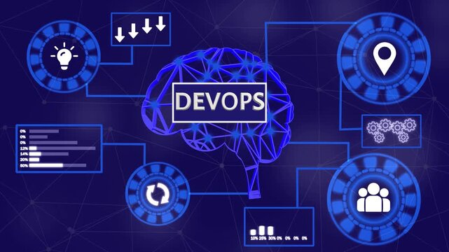 Dev Ops Concept with Icons of Brain, Gears, Money Bag, and Growth Chart on Black Background devops technology