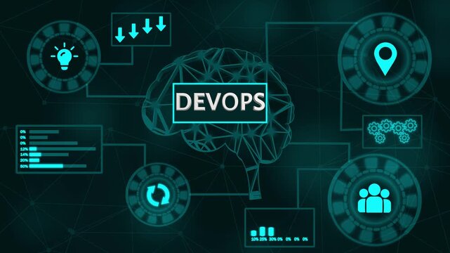 Dev Ops Concept with Icons of Brain, Gears, Money Bag, and Growth Chart on Black Background devops technology