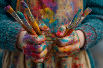 Vibrant Creative Hands Paint Brush Artistry