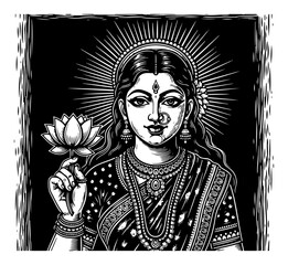 Goddess Lakshmi with Lotus Woodcut Portrait