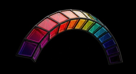 Vibrant archway of stained glass squares displaying a rainbow of colors