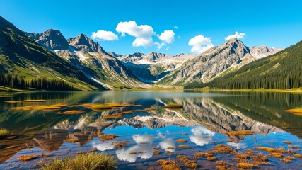 Fototapeta premium Serene alpine lake mirrors majestic mountains under a clear blue sky with fluffy white clouds, reflecting natural beauty and tranquility on the water surface.