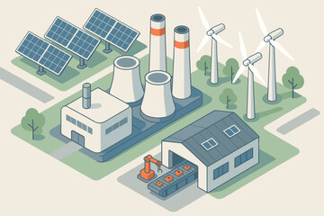 Obraz premium Plant solar components factory energy vector panels producing illustration hall turbines sustainable