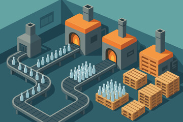 Plant factory furnaces glass vector conveyor manufacturing illustration belts bottles isometric pallets