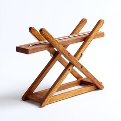 Rustic wooden folding stand with metal spreader, ideal for serving or display, isolated on white.