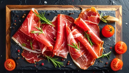 Delicious Prosciutto Platter with Tomatoes and Herbs on a Wooden Board