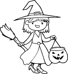 Adorable witch girl with broom and jack-o'-lantern candy bucket, perfect for spooky Halloween celebrations and festive designs