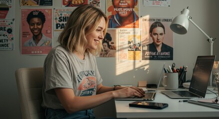 Obraz premium Woman working on laptop in home office