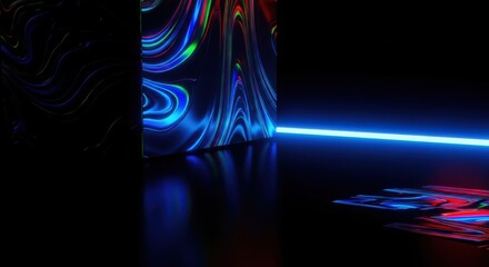 Abstract neon light streaks and reflections in a dark futuristic environment