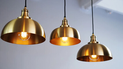 Obraz premium Three brass dome pendant lights with exposed bulbs fixture