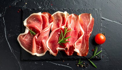 Delicious Slices of Prosciutto on a Black Plate with Rosemary and Tomato