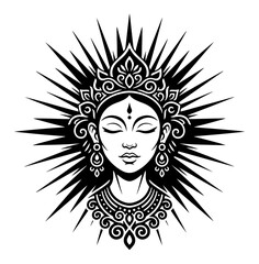 Divine Goddess Face with Radiant Aura Line Art