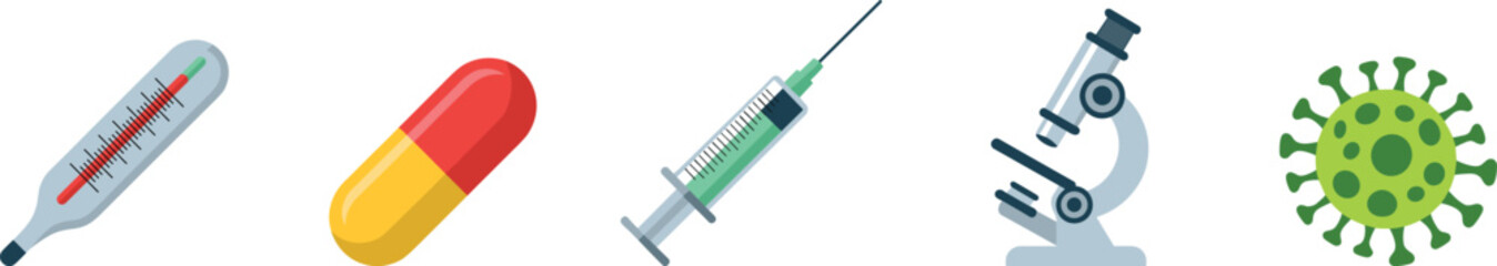 Medical, healthcare, icon, thermometer, pill, capsule, syringe, vaccine, microscope, virus, infection, research, treatment, prevention, science, disease, symbol