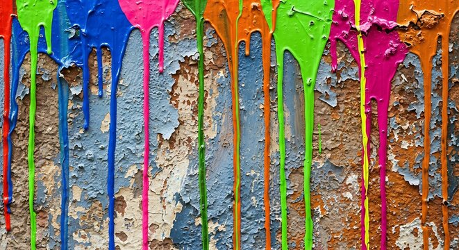 Vibrant paint drips on a textured, weathered surface creating an abstract colorful background.