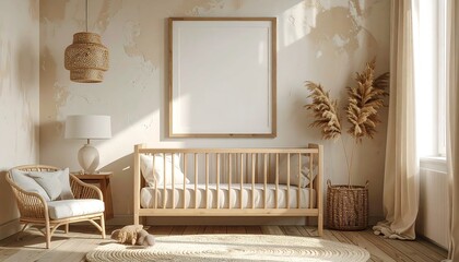 Cozy and Modern Nursery Interior Design with Crib and Empty Frame