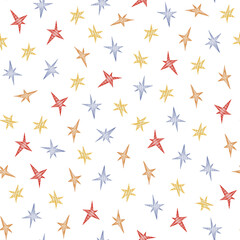 Seamless pattern with watercolor stars in red, yellow, blue, and orange on a transparent background. Perfect for Christmas, New Year, festive wrapping paper, textiles, greeting cards, party decoration