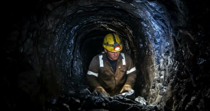 Miner Extracting Coal in Dark Tunnel with Tools