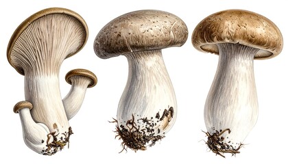 Detailed Botanical Illustration of Various Edible Mushrooms on White Background