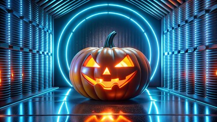 Creative Halloween neon metallic pumpkins glowing lanterns jack o lantern background spooky dark atmosphere minimal template for flyer poster banner advertising branding with copy space for text