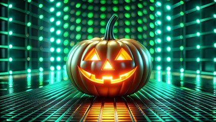 Spooky Halloween pumpkins glowing neon metallic jack o lantern faces background modern dark atmosphere minimal design template for flyer poster banner advertising branding with copy space for text