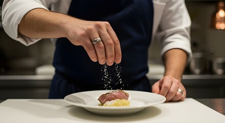 Chef's hands seasoning a gourmet cooked dish with salt in professional kitchen setting
