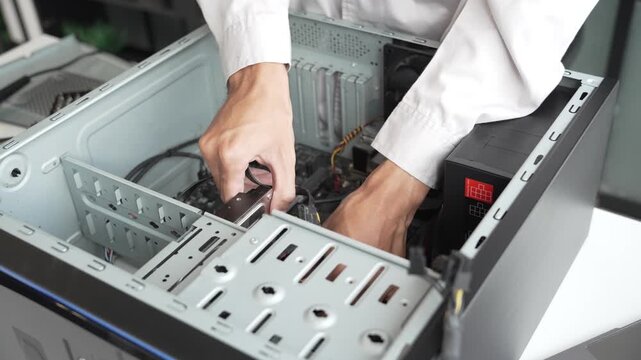 Closeup hand of computer hardware technician dissemble and  fixing computer PC.