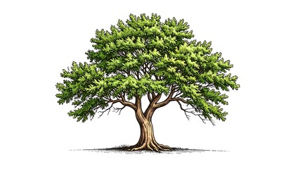 Detailed Hand-drawn Illustration of a Green Tree on a White Background